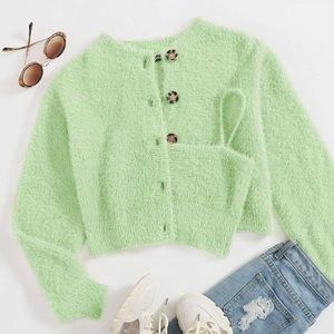 button front fuzzy knit cardigan with cami